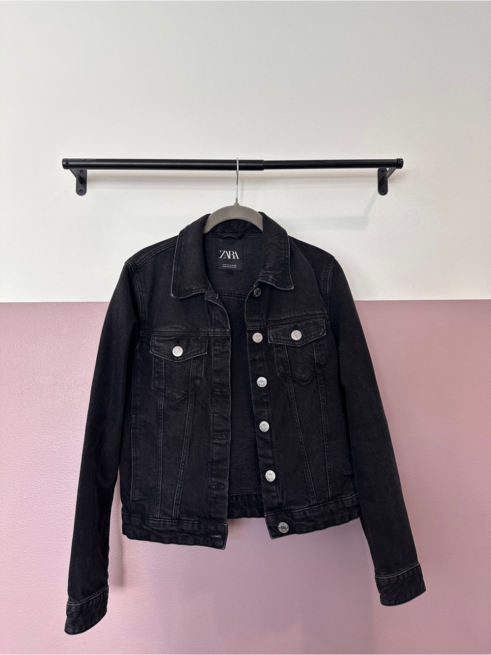 Zara Black Denim Jacket with Label Detail